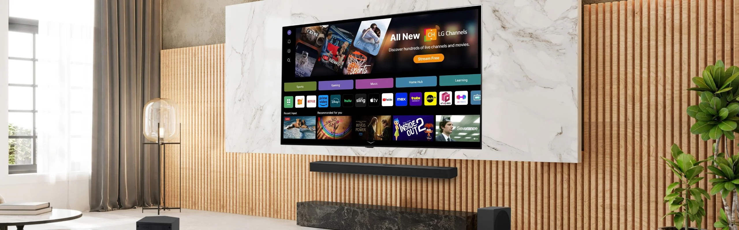 A flat screen TV mounted to the wall of a modern living room.