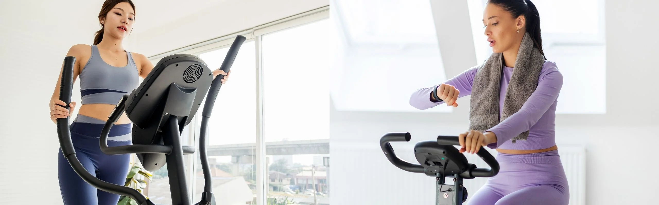 Side-by-side images of a woman in blue sports bra and leggings on an elliptical and a woman in a purple top and leggings on a stationary bike looking at her fitness tracker.