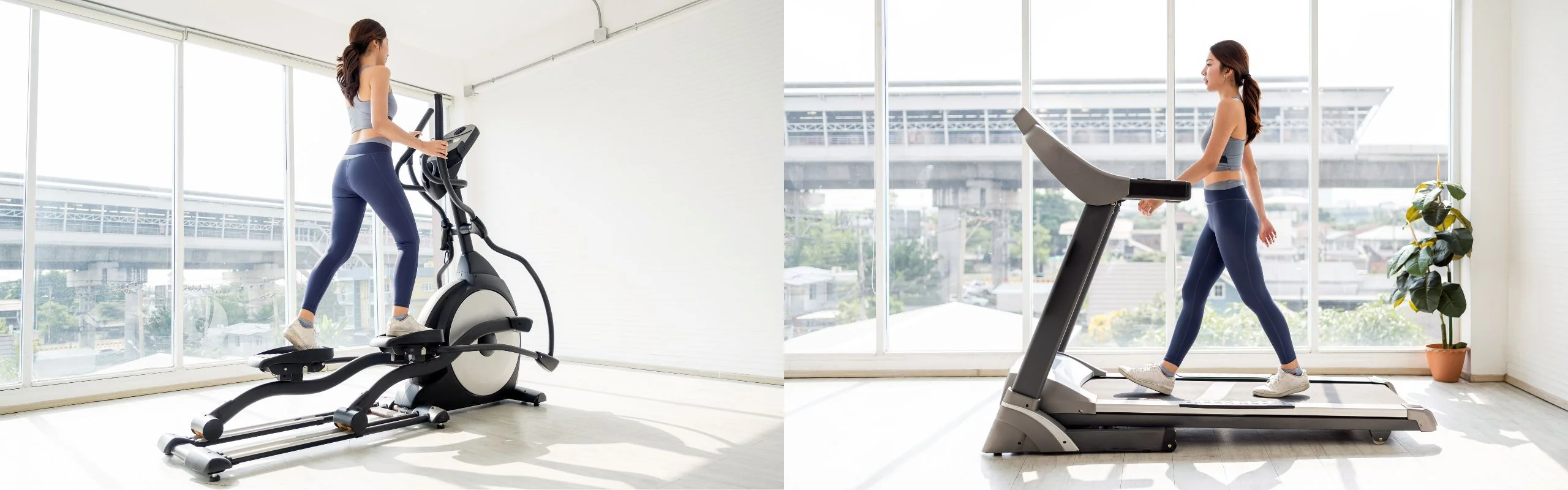 Side-by-side images of a woman in a sports bra and leggings pedaling on an elliptical and walking on a treadmill.
